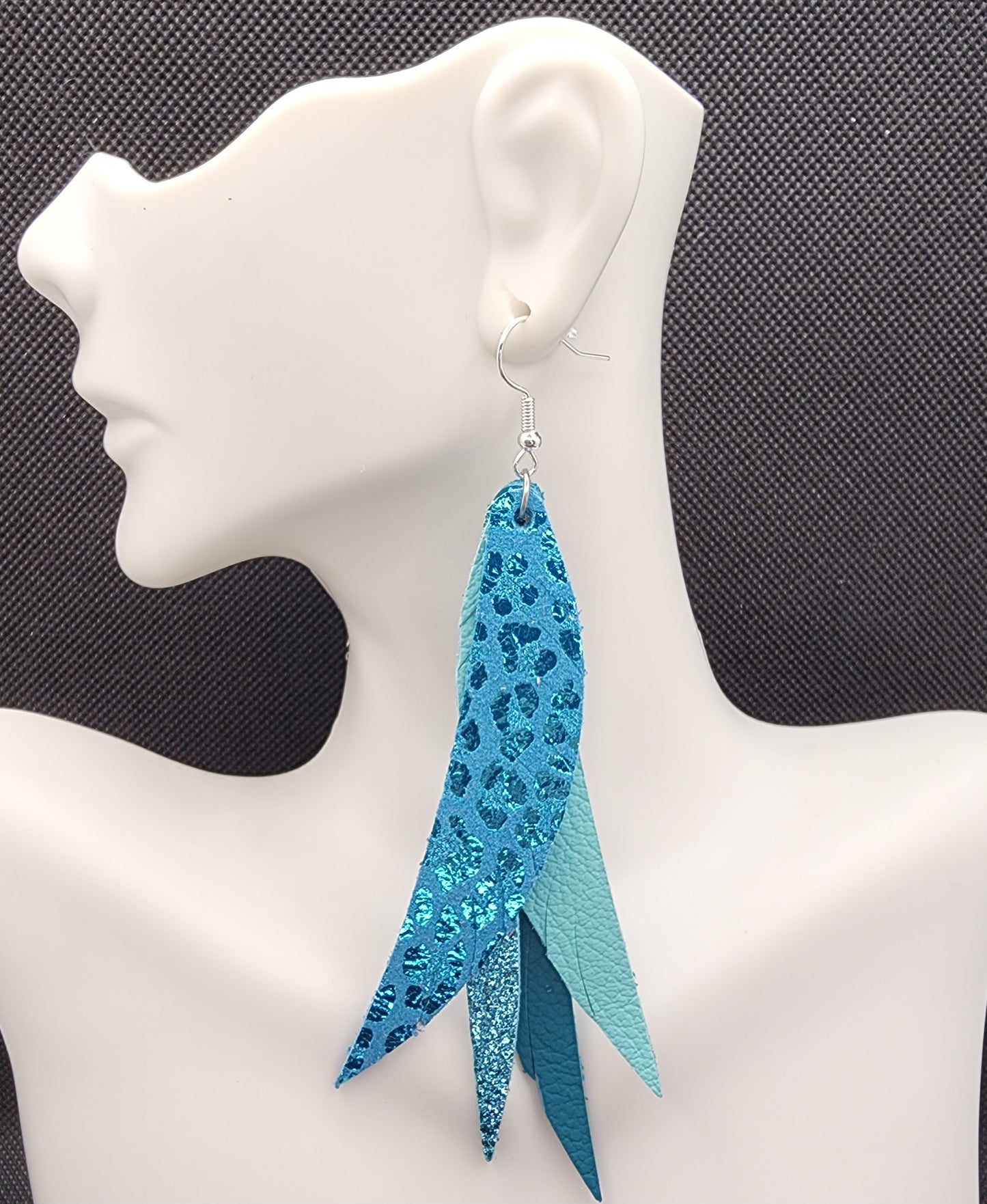 Turquoise Leopard Stacked Fringe Feather Leather Earrings