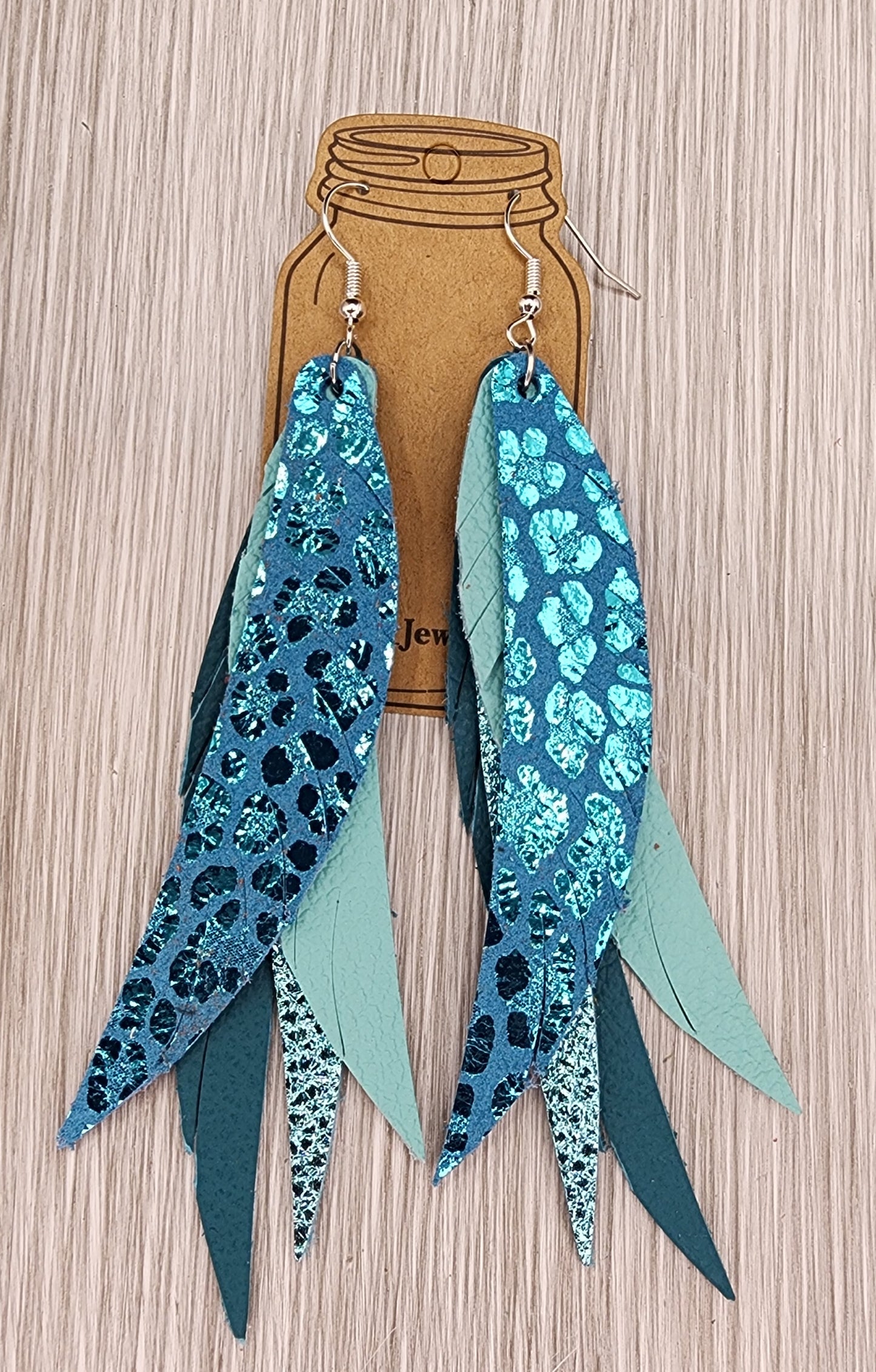 Turquoise Leopard Stacked Fringe Feather Leather Earrings