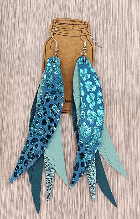 Truquoise Leopard Stacked Fringe Feather Leather Earrings