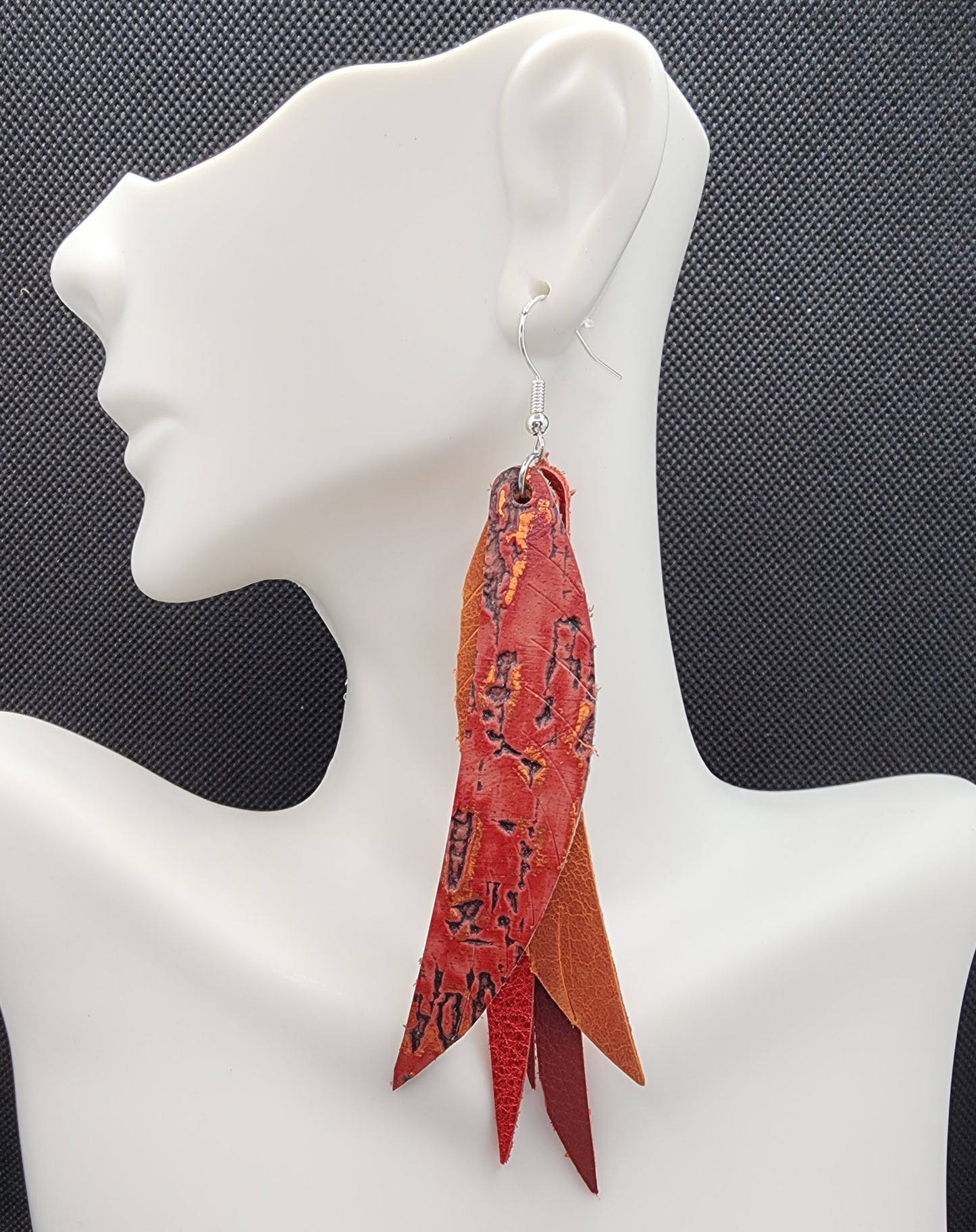 Red And Orage Stacked Fringe Feather Leather Earrings