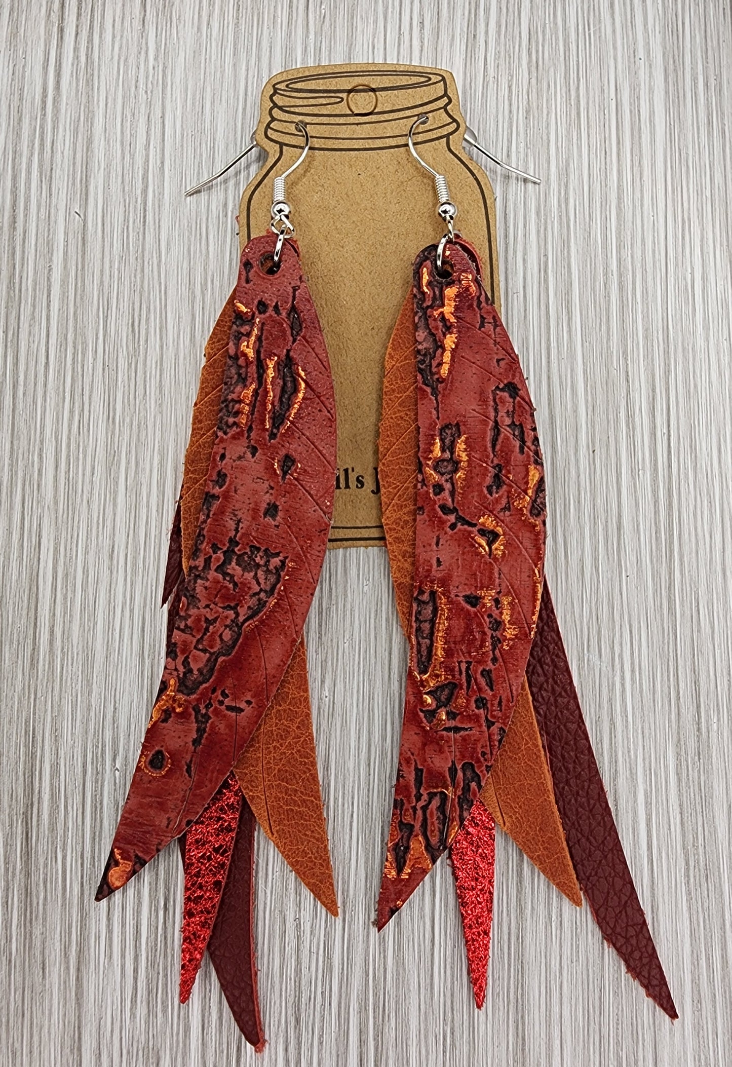 Red And Orage Stacked Fringe Feather Leather Earrings