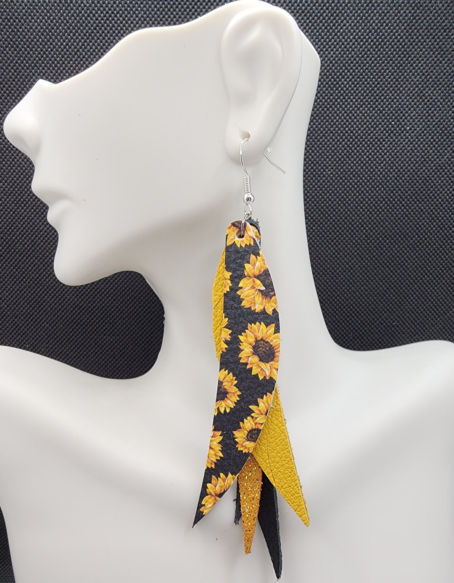 Yellow Sunflower  Stacked Fringe Feather Earrings