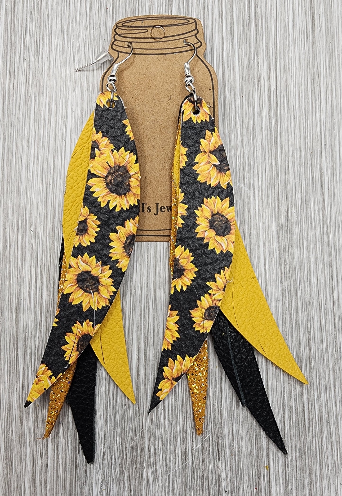 Yellow Sunflower  Stacked Fringe Feather Earrings