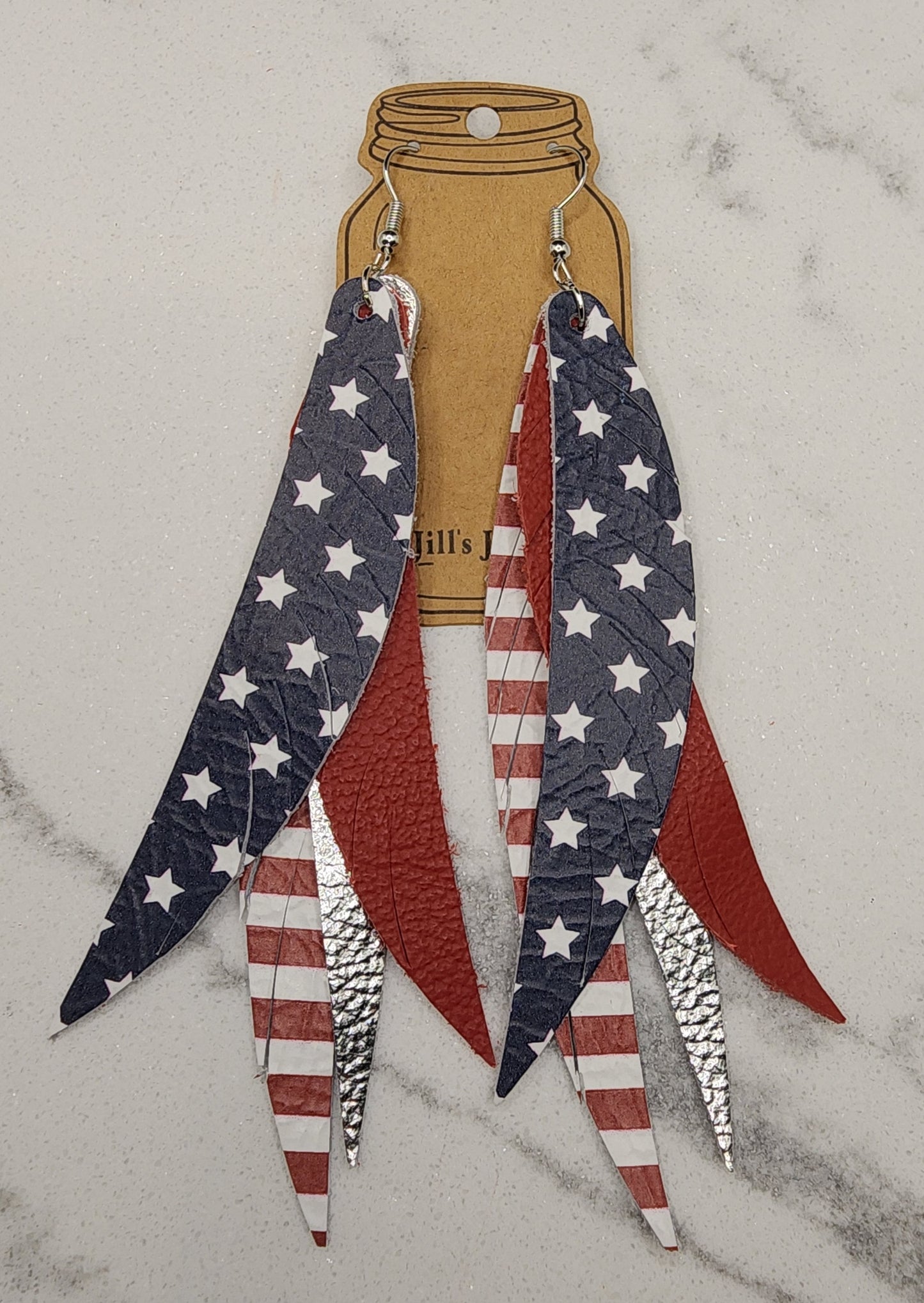 Red White & Blue USA Stacked Fringe Feather Earrings