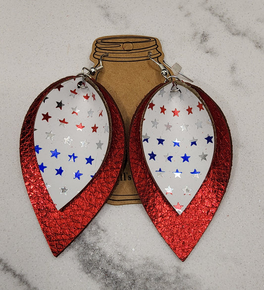 Red White and Blue Patriotic Metallic Leather Earrings