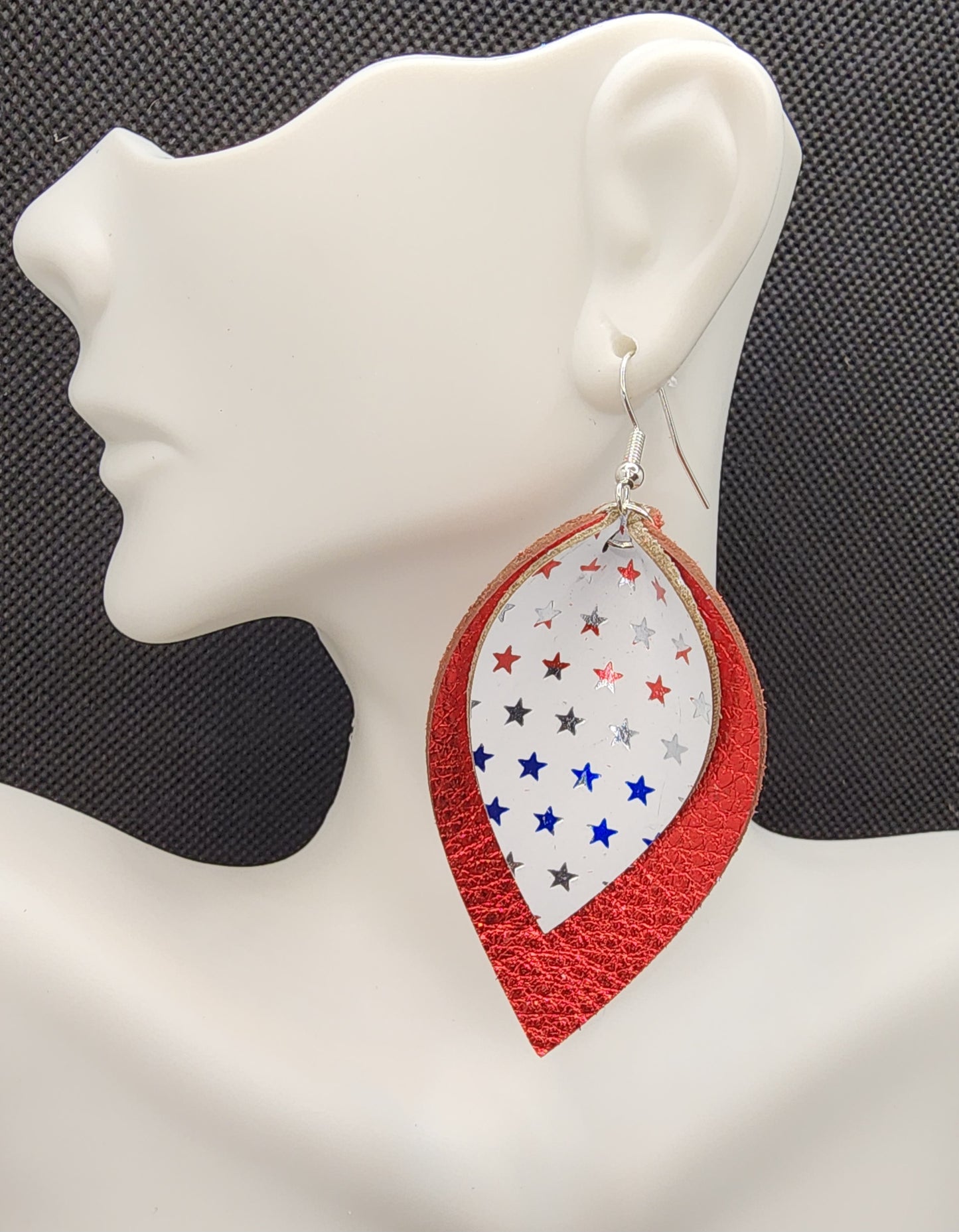 Red White and Blue Patriotic Metallic Leather Earrings