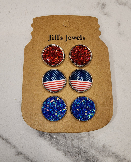 Red White and Blue Triple Faux Druzy 3 Earring USA Set