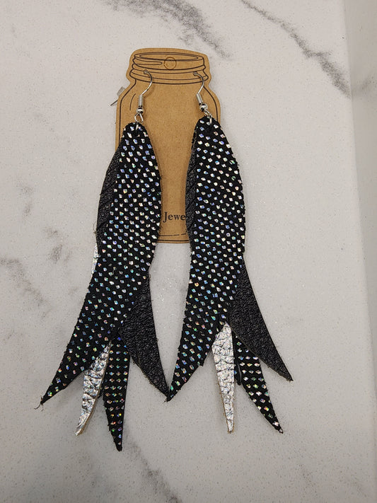 Black Holographic Fringe Feather Earrings