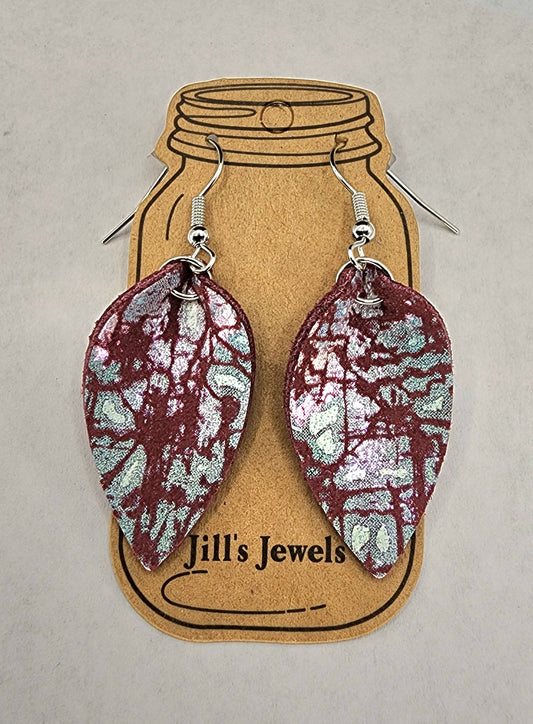 Maroon Red Holographic Mini Drop Leather Earrings