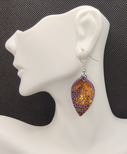 Purple and Copper Leopard Mini Drop Leather Earrings