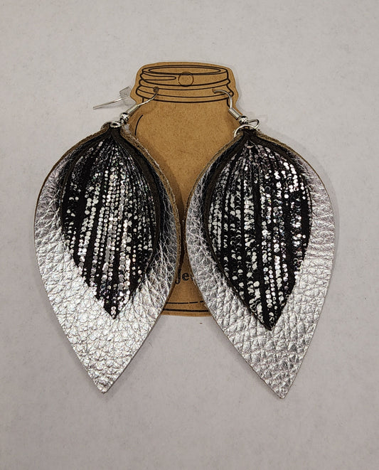 Silver and Black Rain Double Layered Leather Earrings