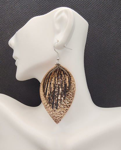 Rose Gold and Black Rain Double Layered Leather Earrings