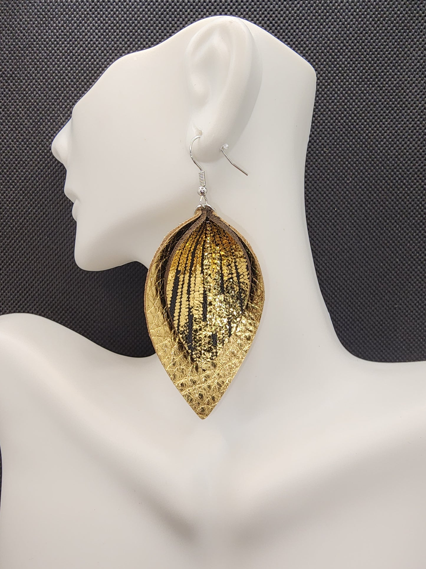 Gold and Black Rain Double Layered Leather Earrings
