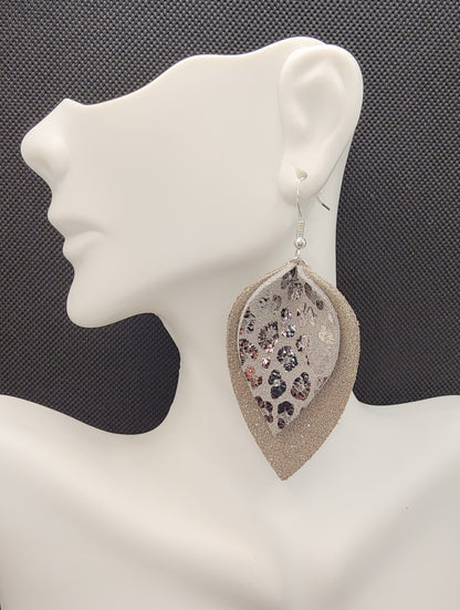 Silver Sparkle Leopard Layered Petal Leather Earrings