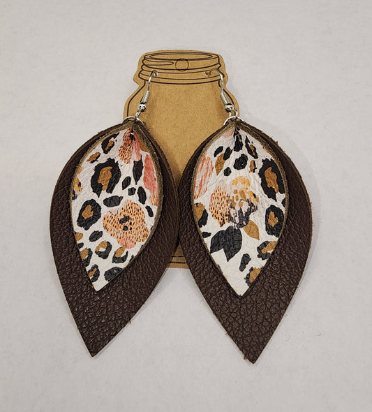Brown Leopard Floral Double Layered Leather Earrings