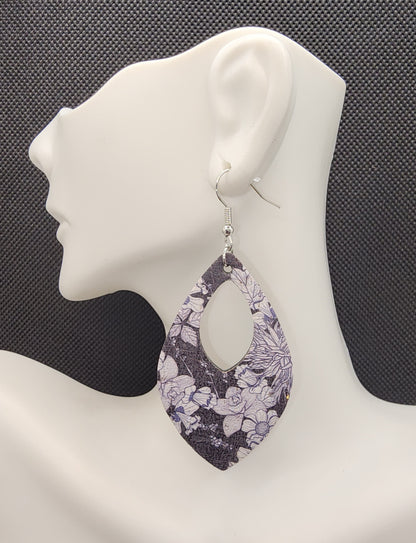 Black and White Floral Cork & Leather Teardrop Earrings