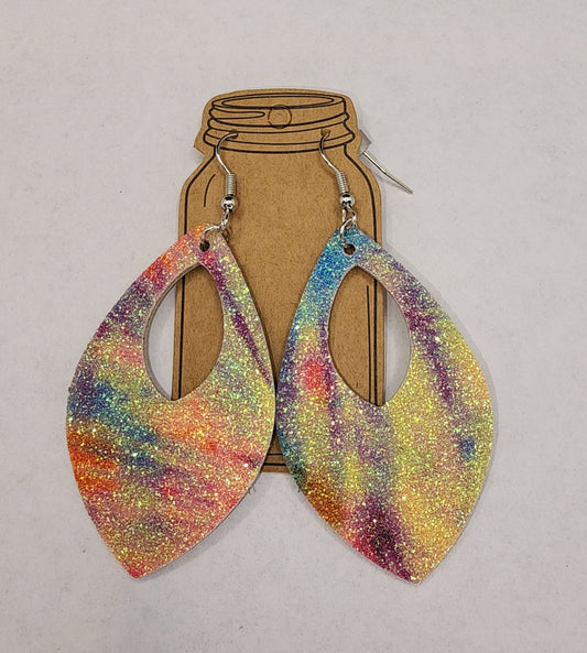 Glitter Rainbow Tie Dye Cork and Leather Teardrop Earrings