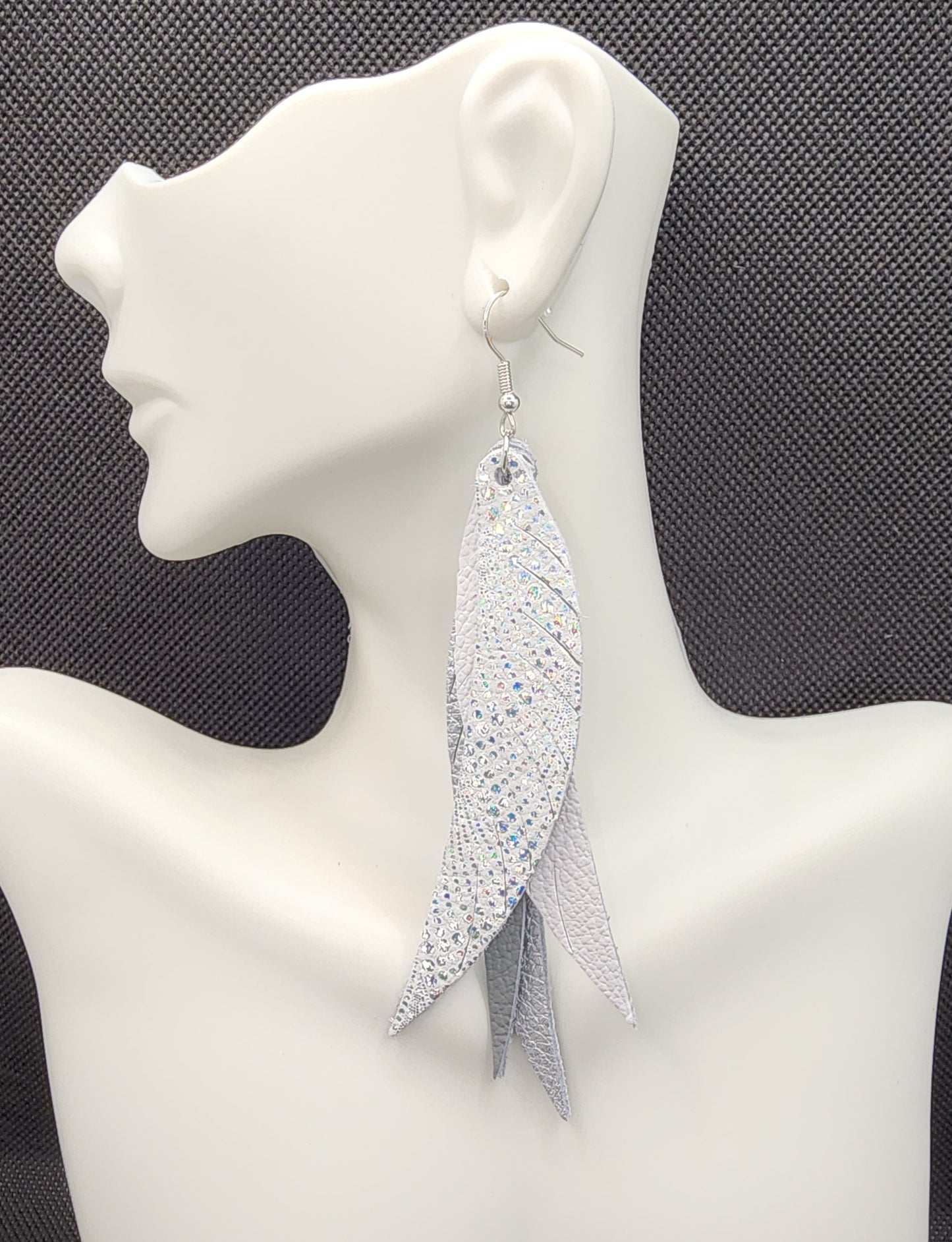 White Holographic Western Fringe Feather Leather Earrings