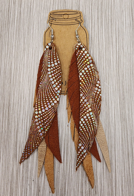 Copper Holographic Western Fringe Feather Leather Earrings