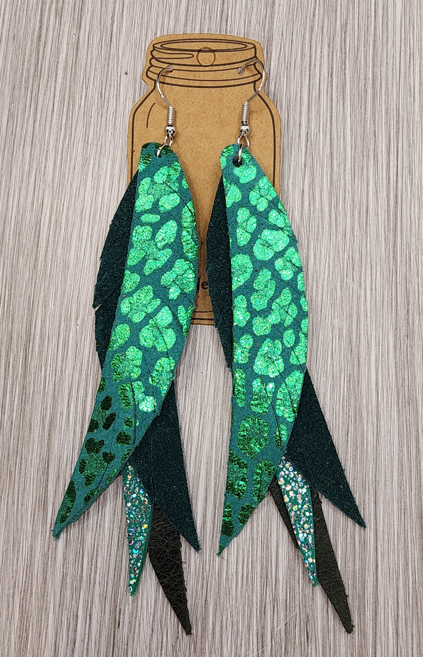 Green Leopard Stacked Fringe Feather Leather Earrings