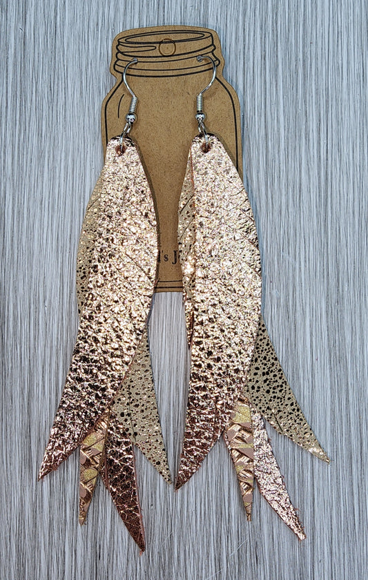 Rose Gold Rain Stacked Fringe Feather Earrings