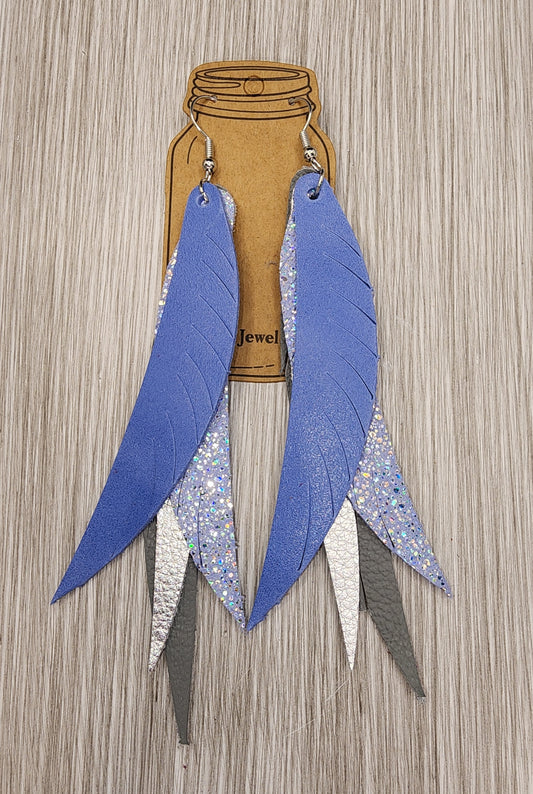 Pale Blue Sparkle Fringe Feather Leather Earrings