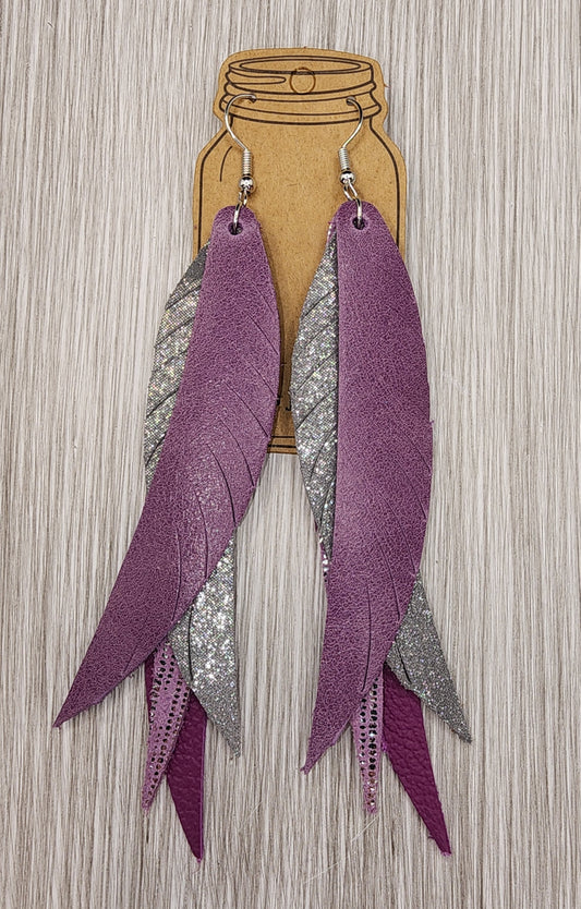 Lilac Purple Silver Fringe Feather Leather Earrings