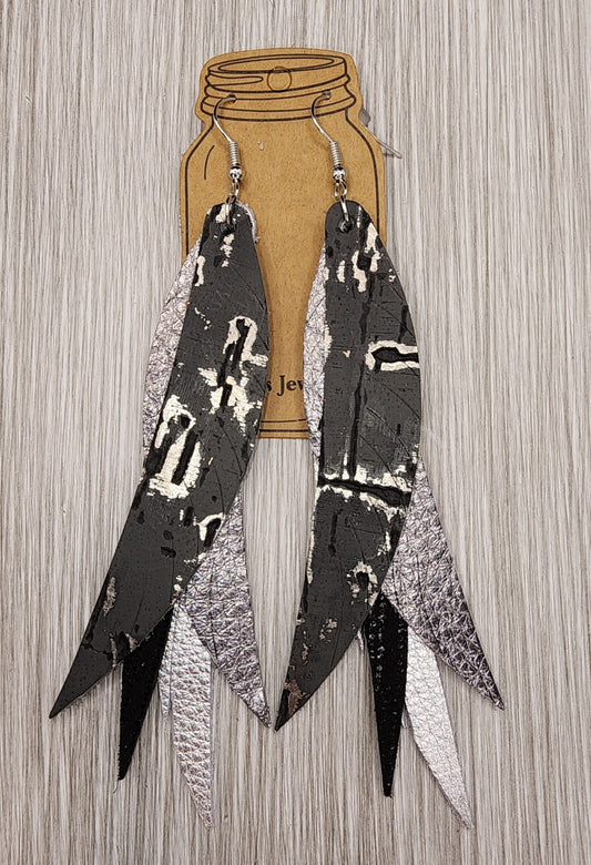 Grey And Silver Western Fringe Feather Leather Earrings
