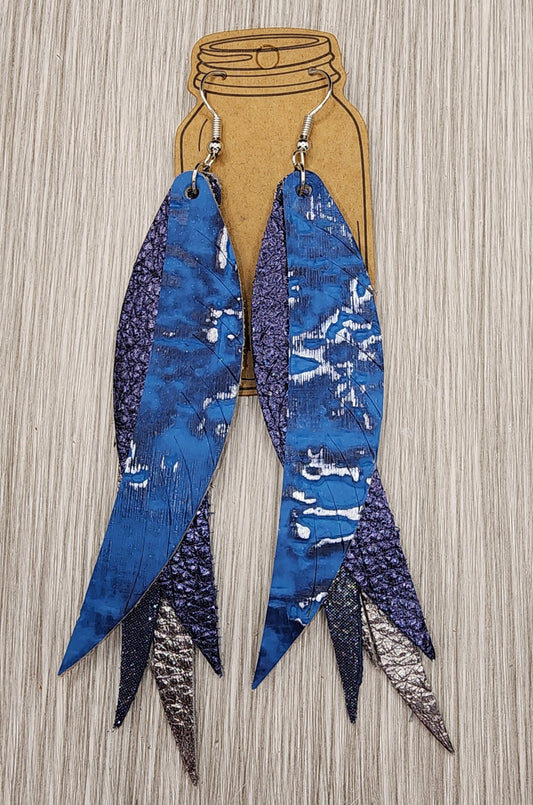 Blue Silver Western Fringe Feather Leather Earrings