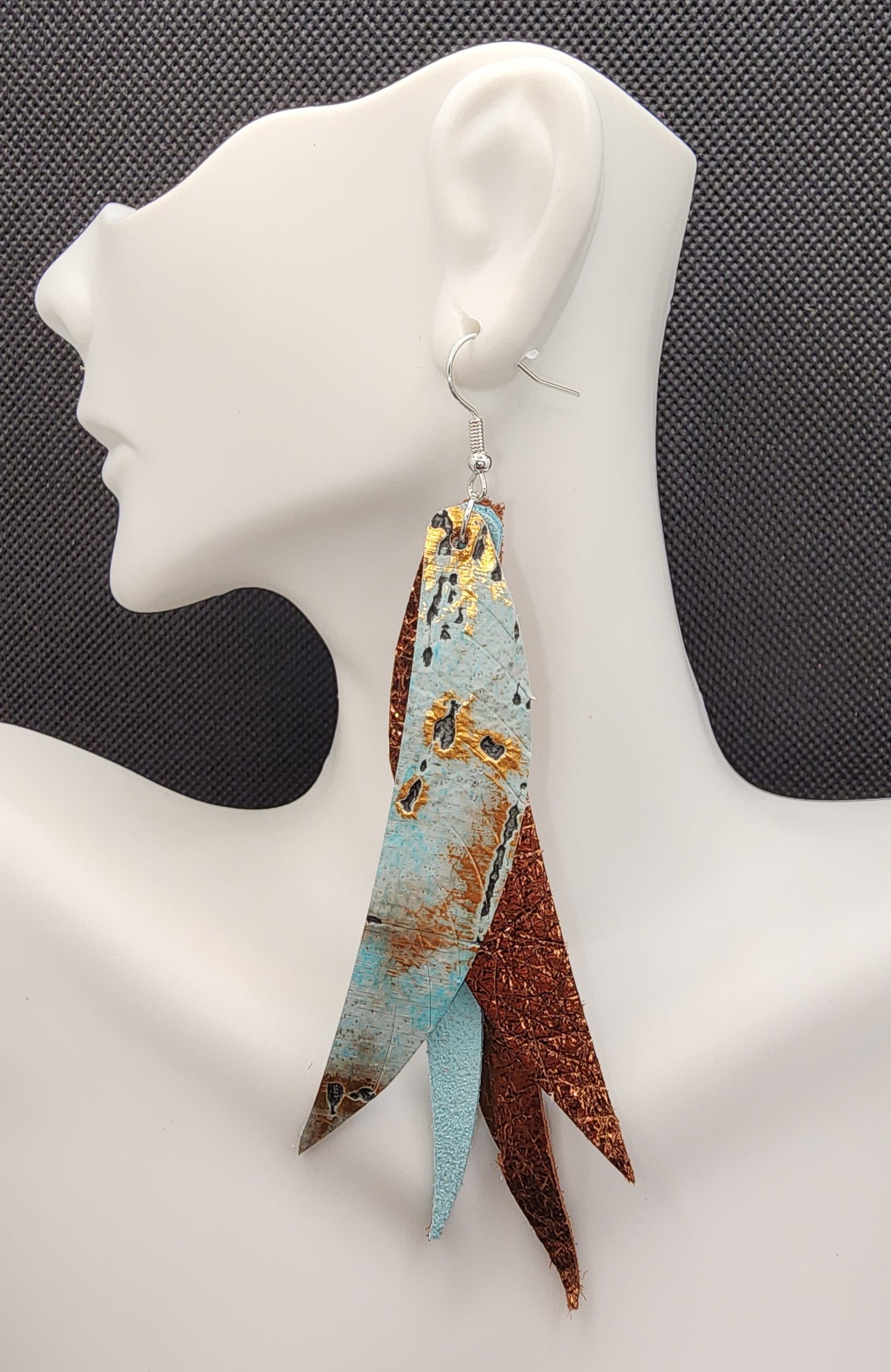 Mint Bronze  Stacked Fringe Feather Earrings