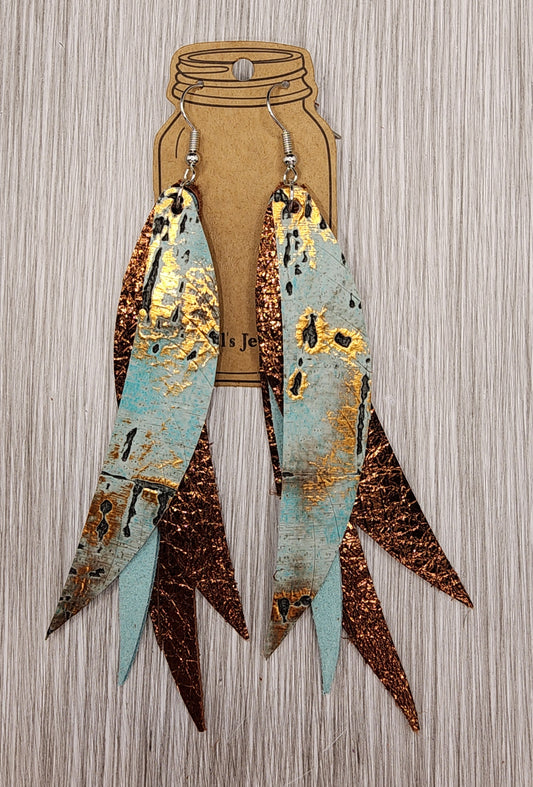 Mint Bronze  Stacked Fringe Feather Earrings