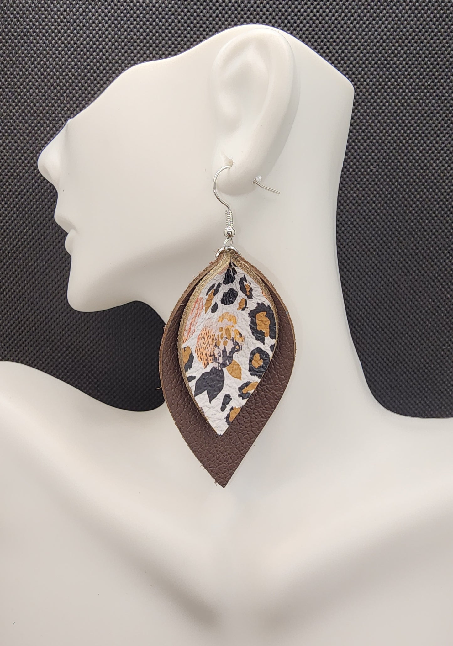 Brown Leopard Floral Double Layered Leather Earrings