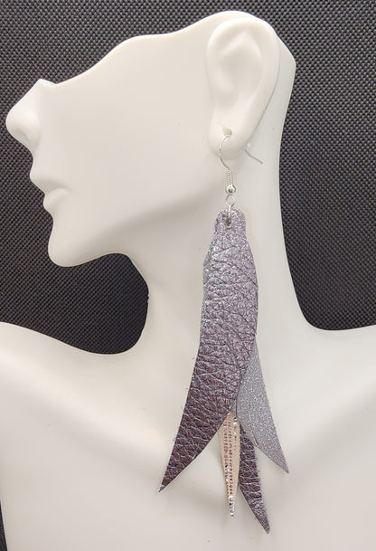 Gunmetal Silver  Stacked Fringe Feather Earrings