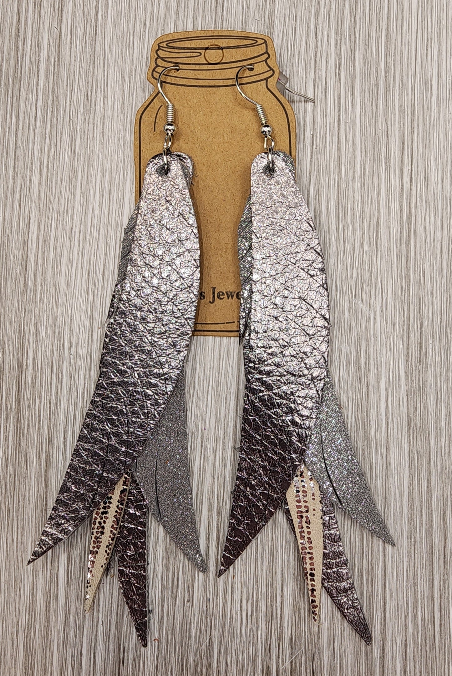 Gunmetal Silver  Stacked Fringe Feather Earrings