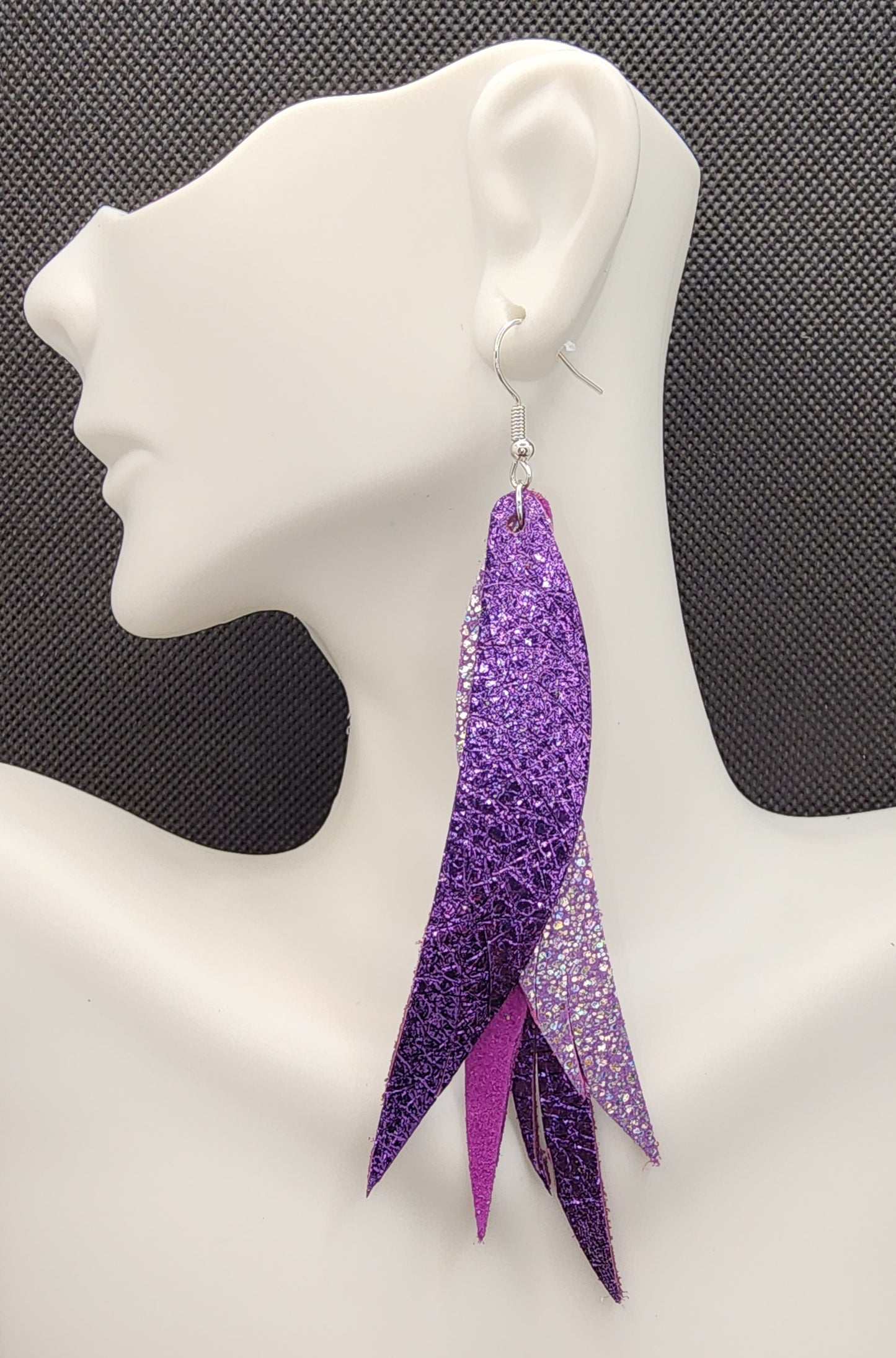 Metallic Purple Stacked Fringe Feather Earrings